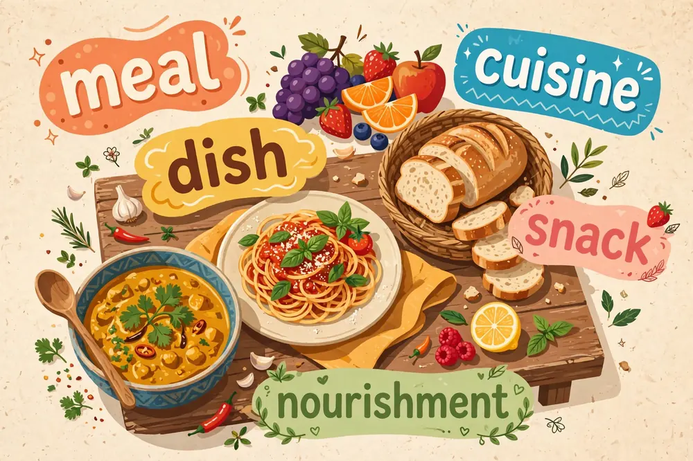 Illustration showing synonyms for food