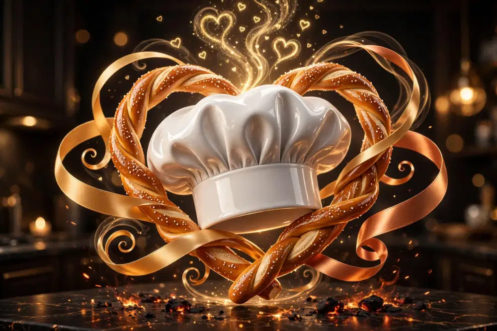 3D artwork of chef hats and hearts symbolizing Bobby Flay and Brooke Williamson's relationship