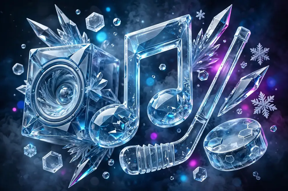 3D ice-and-music artwork representing the Jack Hughes and Tate McRae story