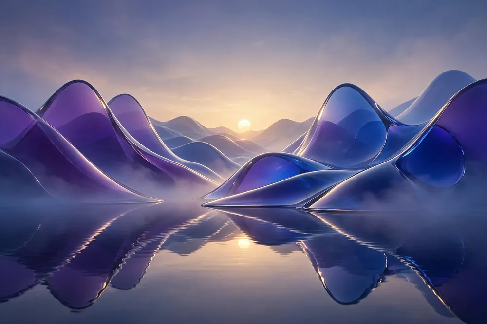 Abstract 3D glass mountains mirrored in a calm lake beneath a glowing orb