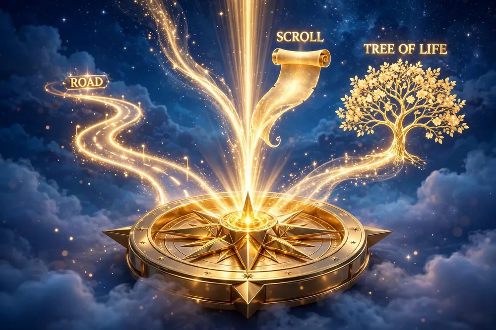 Abstract 3D illustration of three streams of light representing the way, the truth, and the life