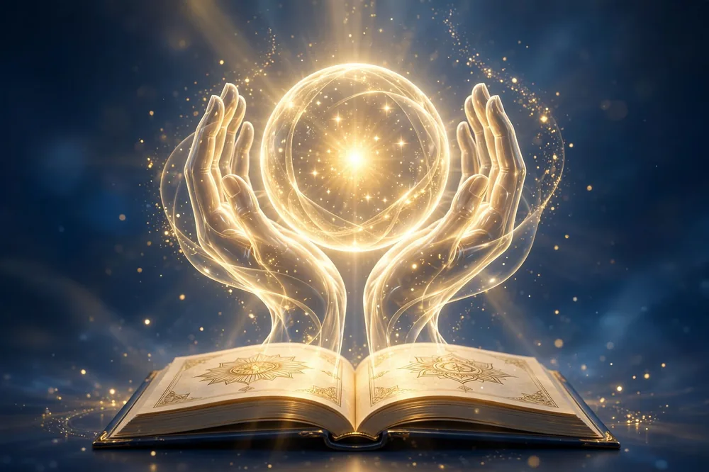 Glowing hands of light holding a sphere of light over an open book — illustration for the Numbers 6:24-26 blessing article
