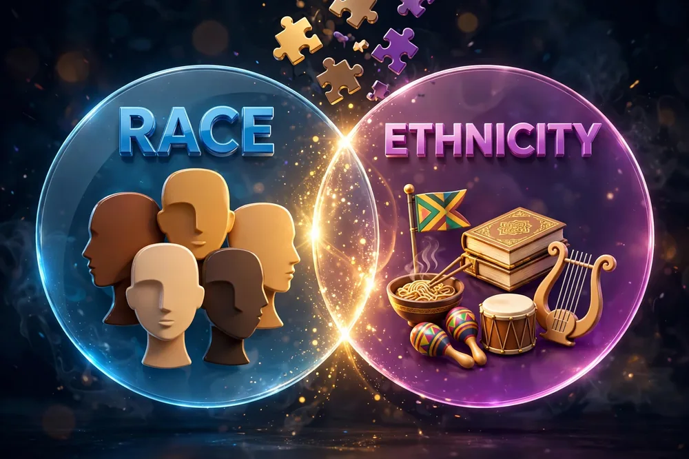 3D Venn diagram illustration showing the difference between race and ethnicity