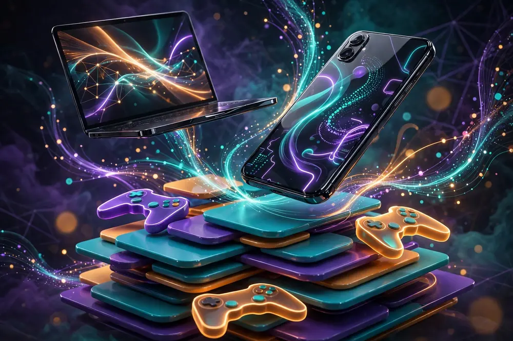3D illustration of reading digital news and gaming guides on devices