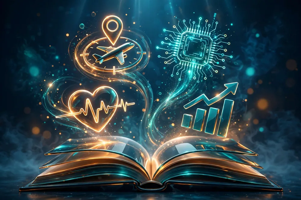 Abstract 3D illustration of a multi-topic content hub with book, globe and tech symbols