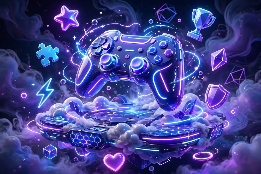Neon 3D gaming controller artwork representing UggWorldTech gaming trends