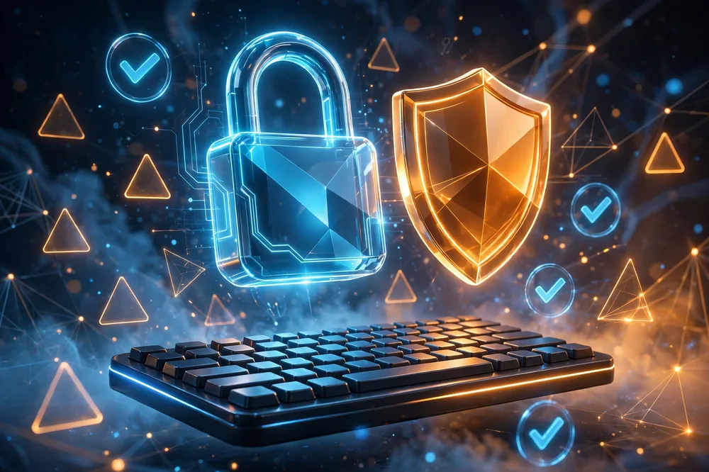 Abstract 3D illustration of a software security update shield