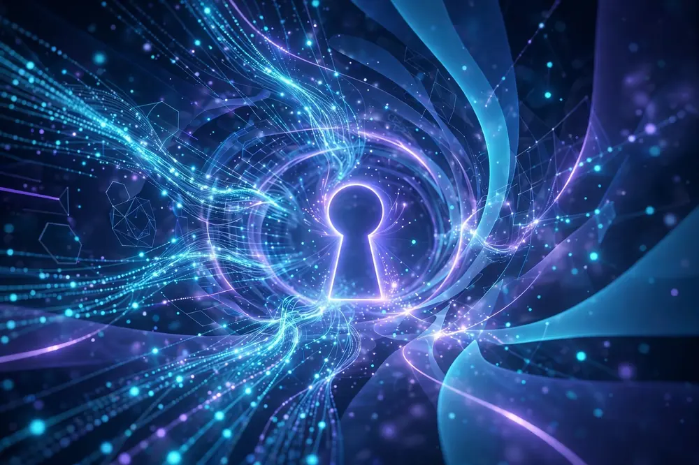 Abstract 3D illustration of a glowing digital shield and encrypted data streams representing VPN privacy