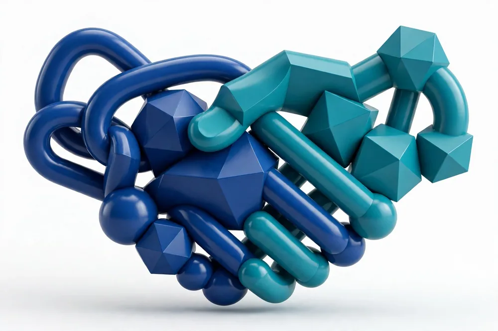 Abstract 3D graphic of two interlocking shapes representing media and healthcare leadership
