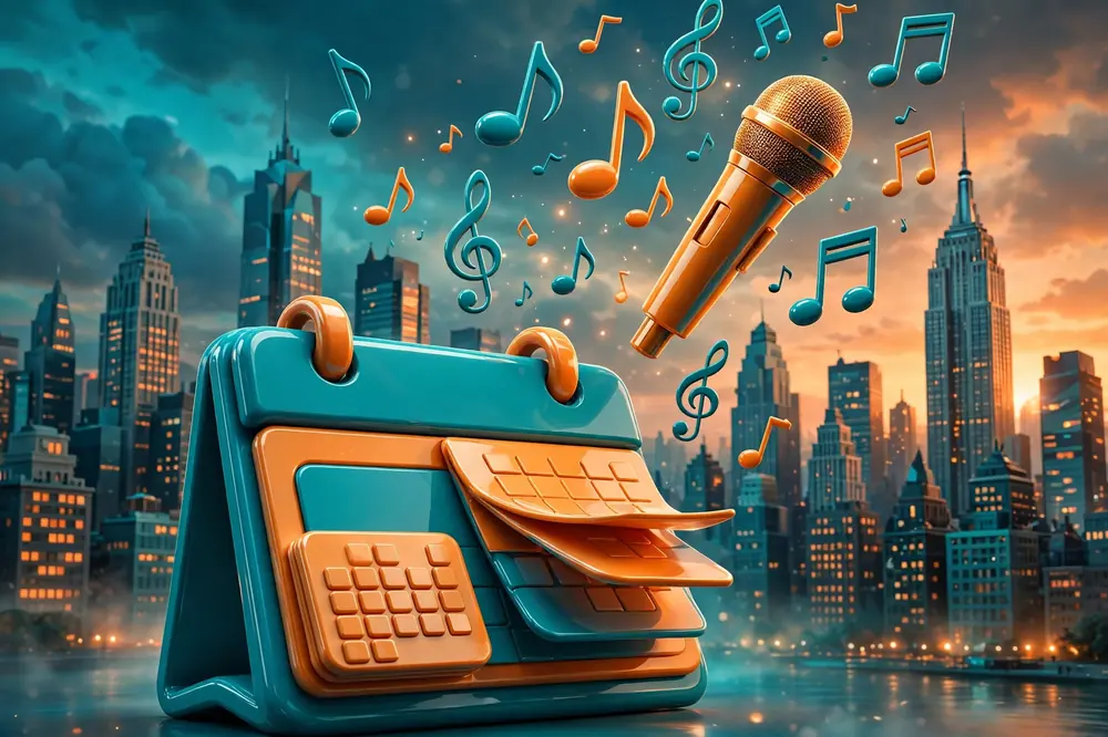 Abstract 3D artwork of a microphone and New York skyline for a DD Osama age biography