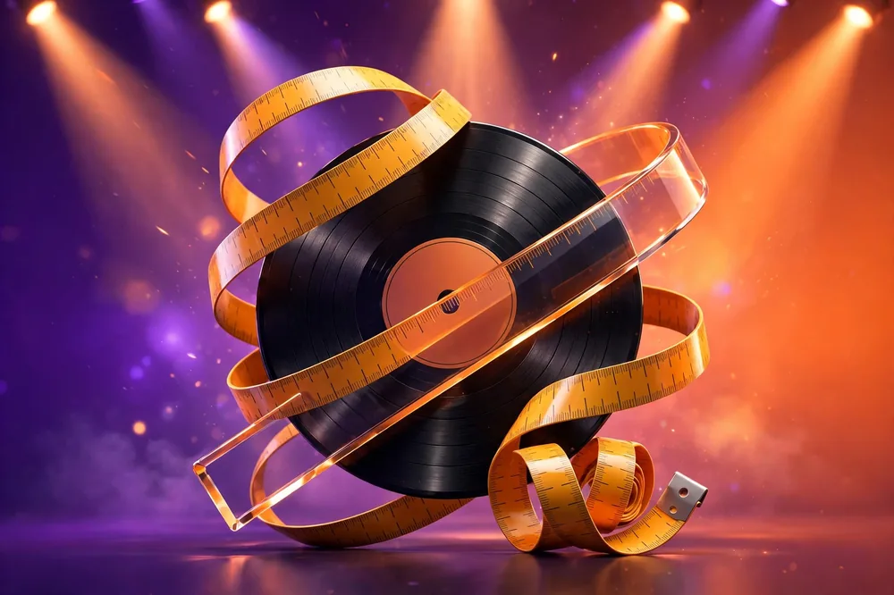 Abstract 3D measuring tape and vinyl record graphic for 42 Dugg height article