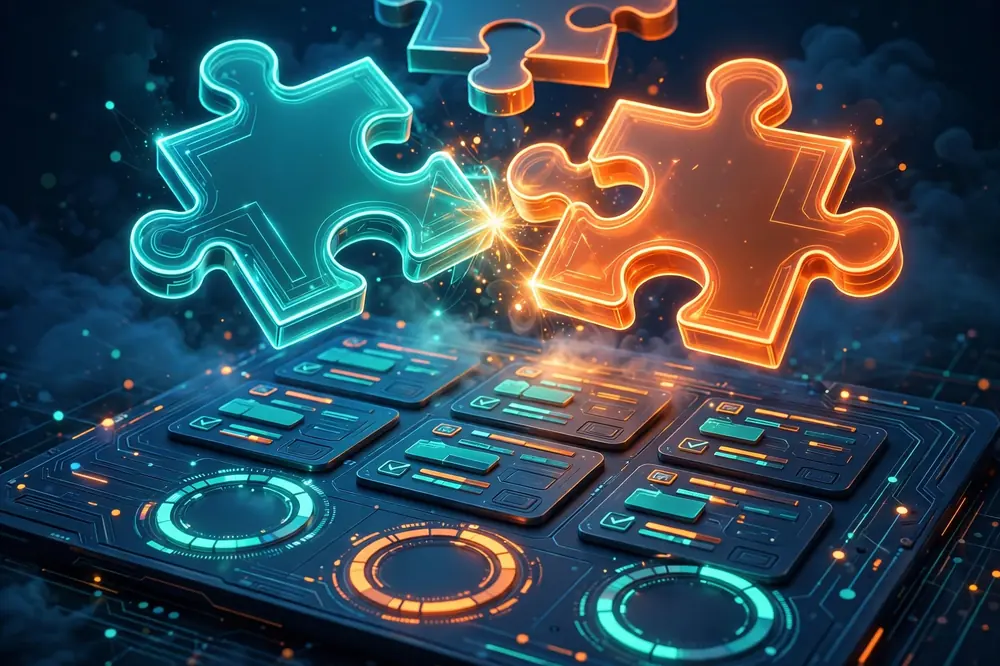 Abstract 3D puzzle pieces and task dashboard graphic for Puzutask.com