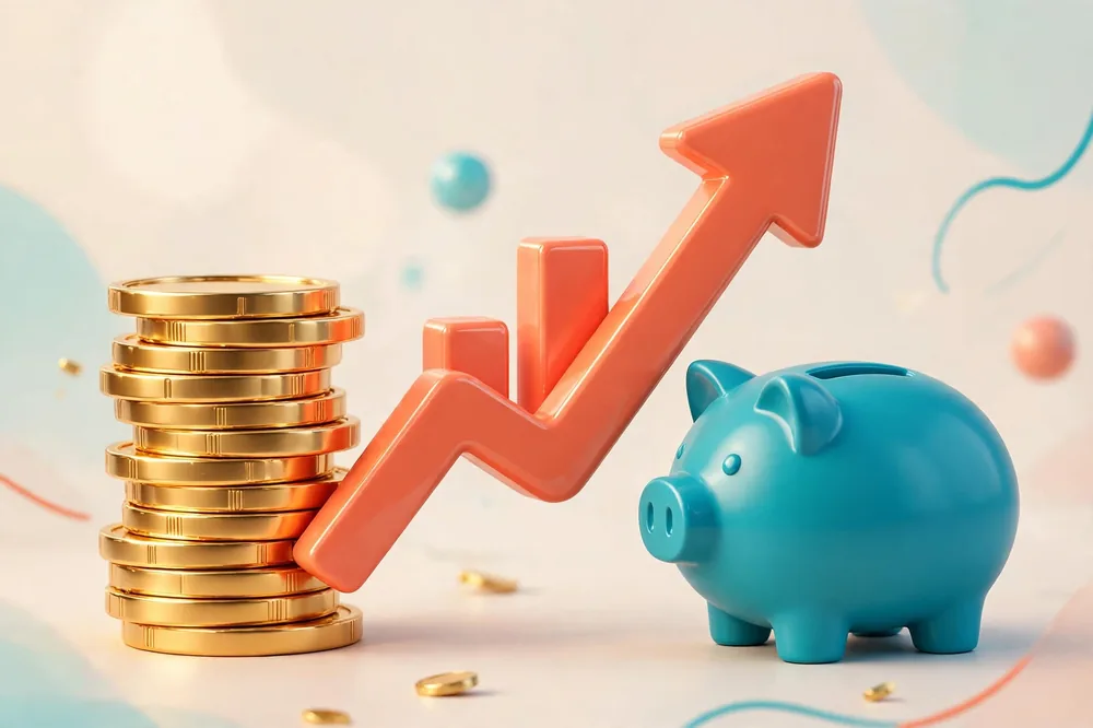 3D illustration of gold coins, a rising chart arrow, and a piggy bank representing financial learning