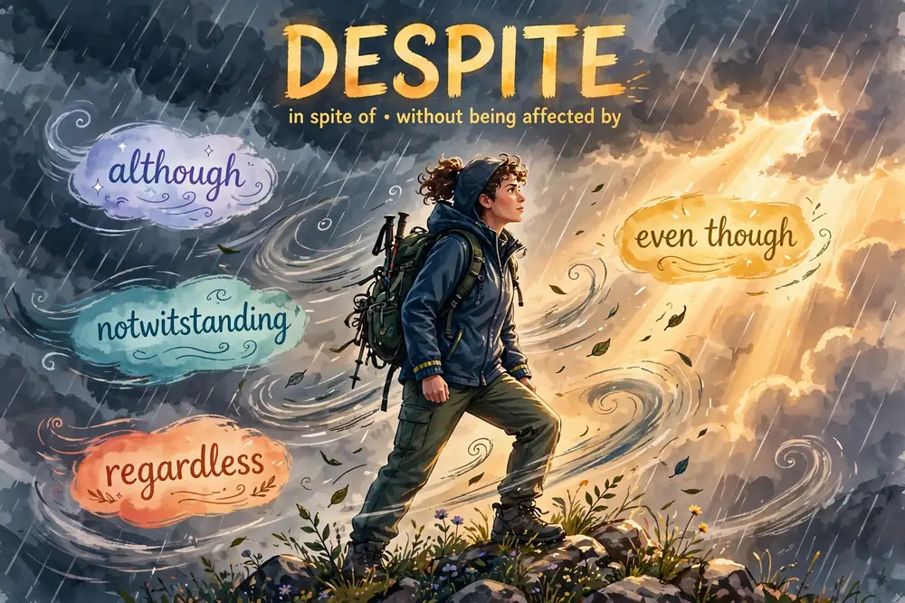 Illustration showing synonyms for despite