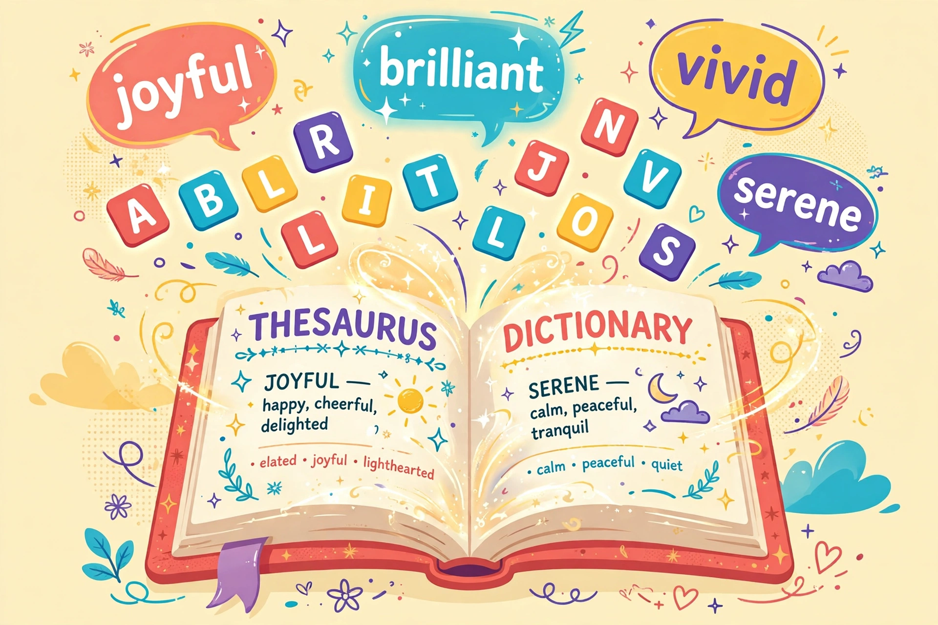 Colorful thesaurus illustration showing synonyms for common words